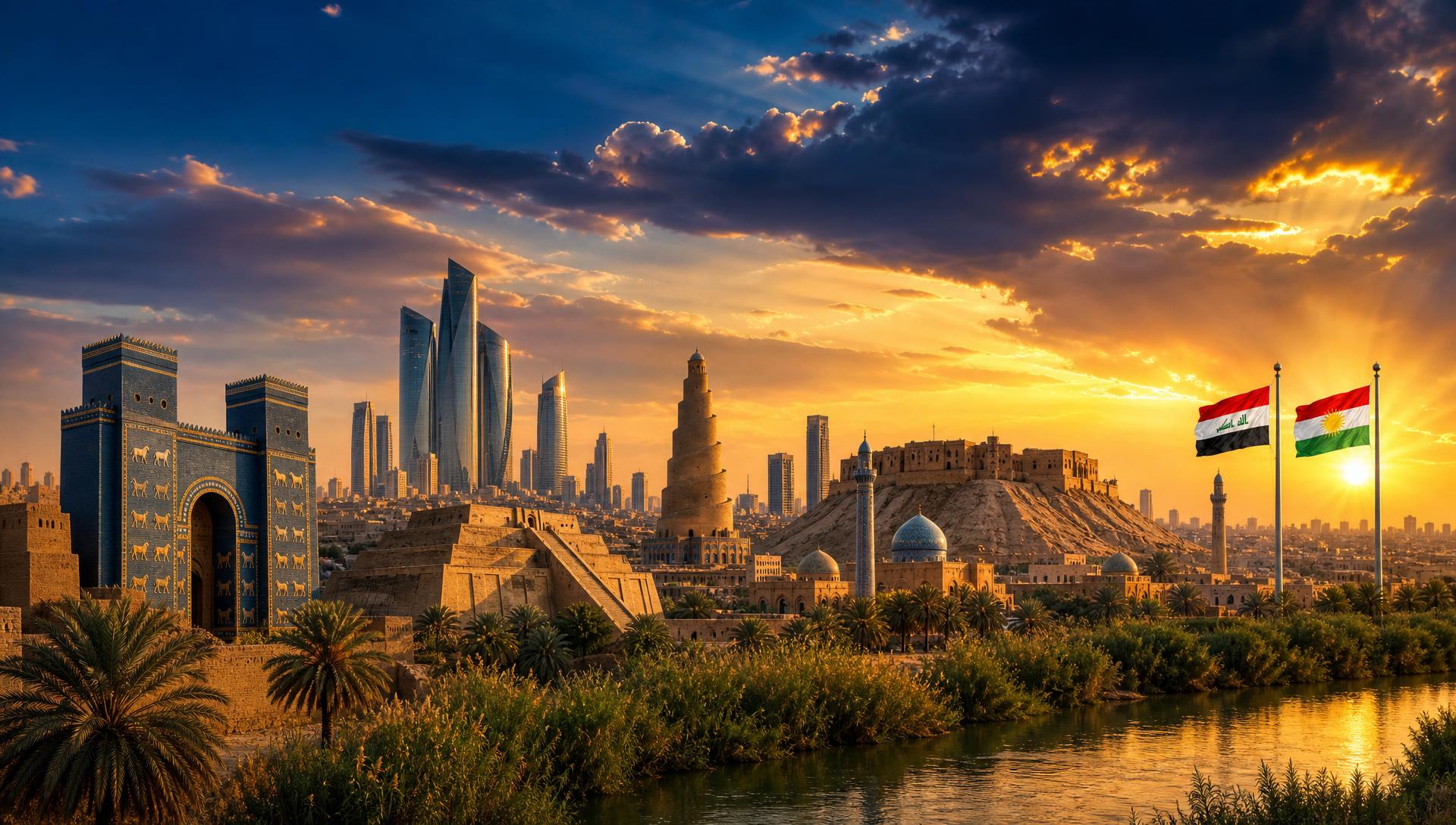 Iraq and Kurdistan at sunset with Babylon's Ishtar Gate, the Ziggurat of Ur, the Samarra spiral minaret, the Erbil Citadel, modern towers and the Iraqi and Kurdistan flags flying together on the far right